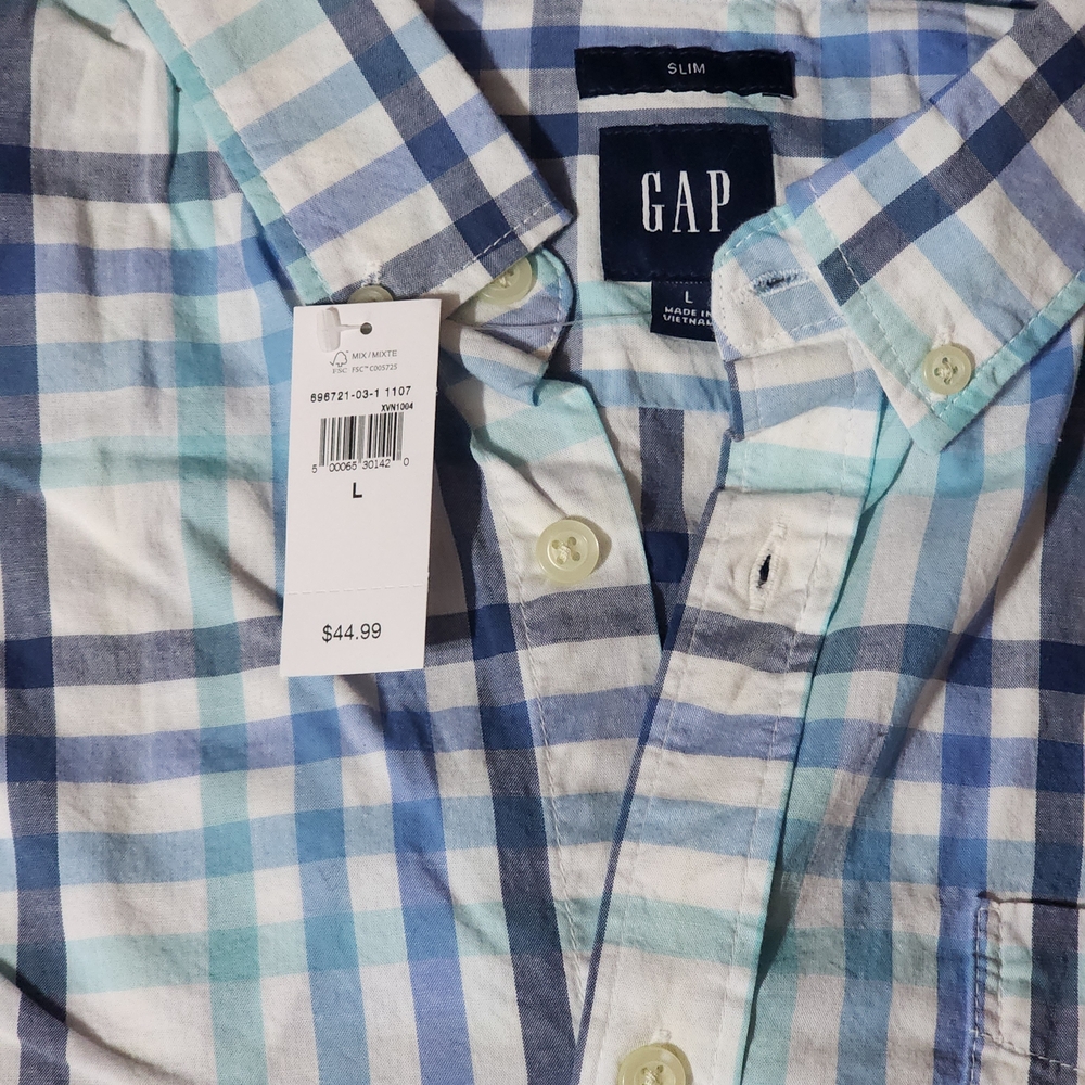 GAP Men's Aqua and Navy Plaid Shirt